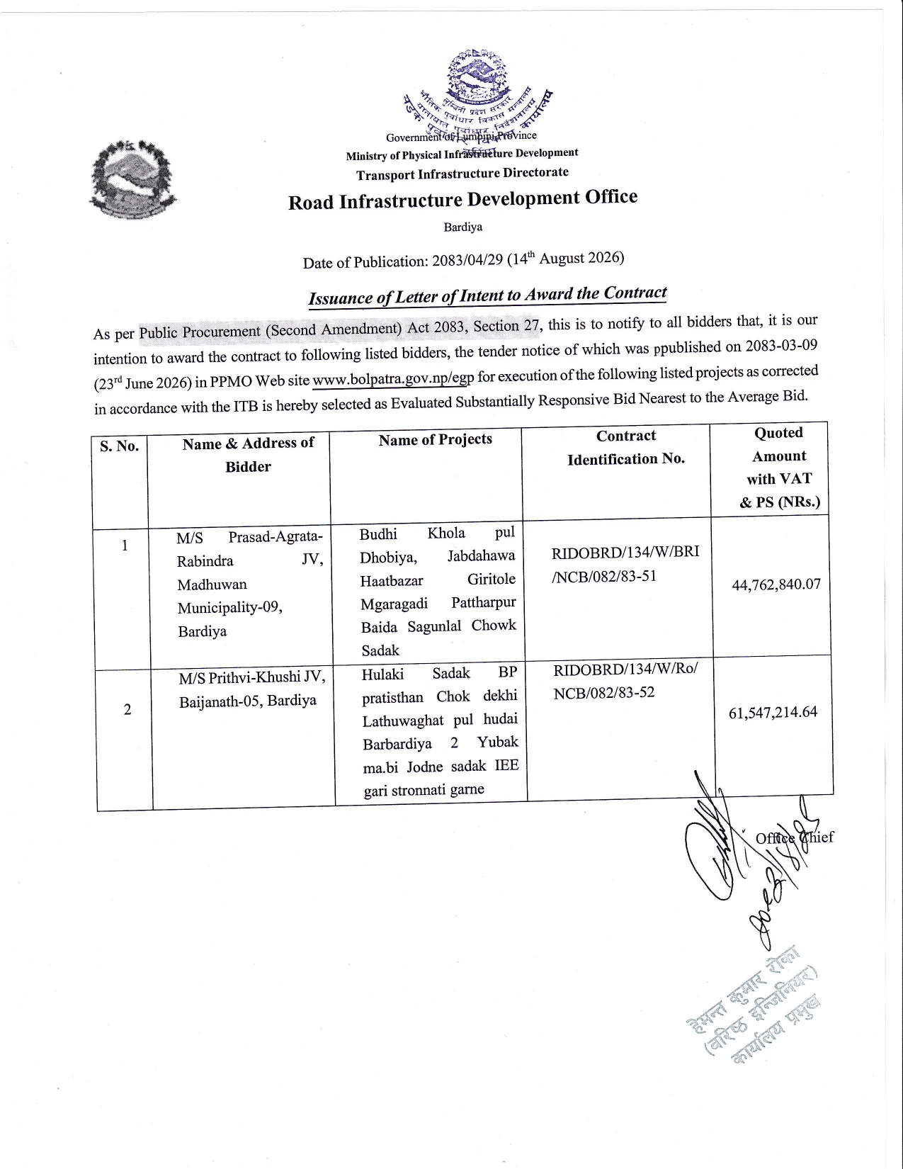 Issuance of Letter of Intent to Award the Contract